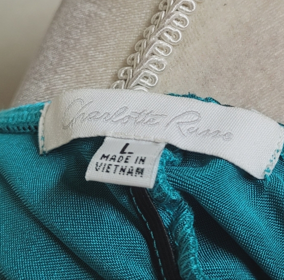 Deadstock Vintage Charlotte Russe Teal Satin Brooch Shark Bite Hem Halter Dress - Picture 13 of 14